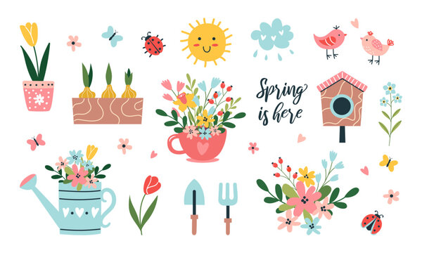 Spring set of hand drawn elements. Flowers, bird, watering can, quotes, decorations. Suitable for scrapbooking, greeting card, party invitation, poster, tag, sticker set. Vector illustration.