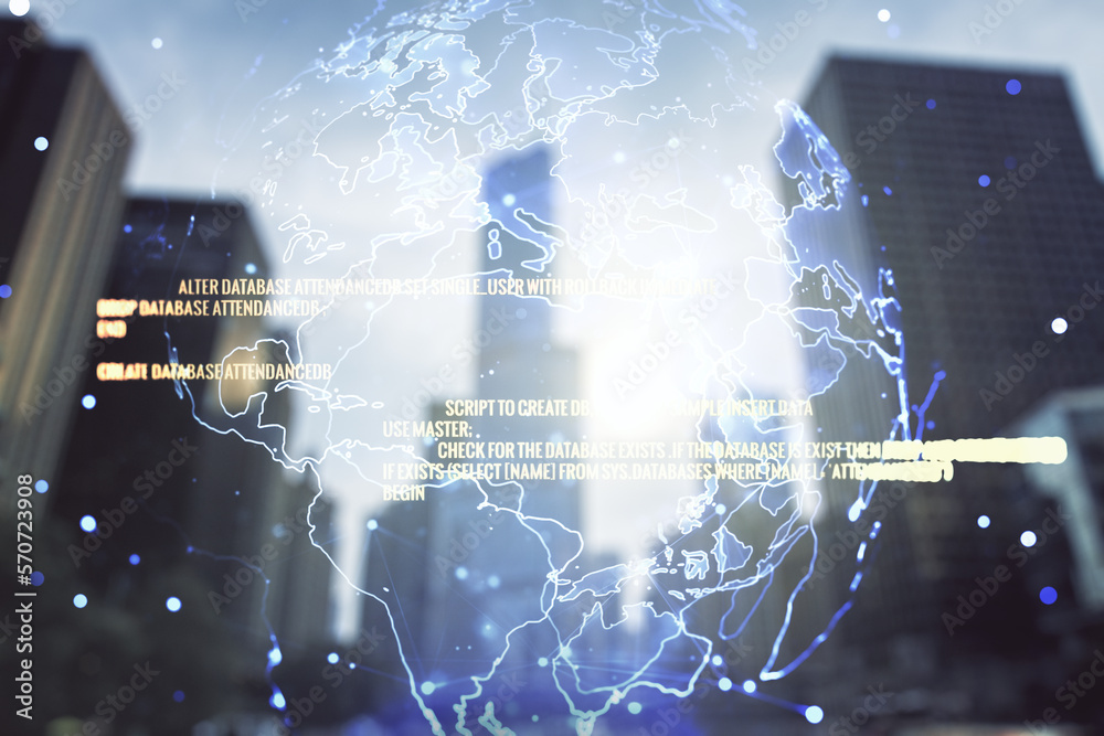 Poster multi exposure of abstract creative coding sketch and world map on office buildings background, arti