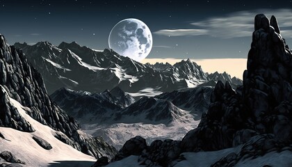  a mountain landscape with a full moon in the sky and a mountain range in the foreground with snow on the ground and rocks on the ground.  generative ai