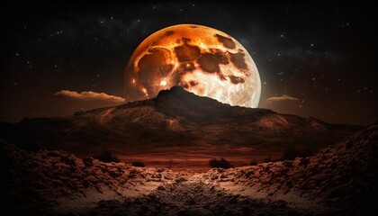  a large orange moon rising over a mountain range in the night sky with a trail leading to it and a trail leading to the top of the mountain.  generative ai