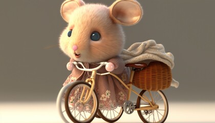  a little mouse riding a bike with a blanket on the back of it's seat and wearing a pink dress with flowers on it.  generative ai