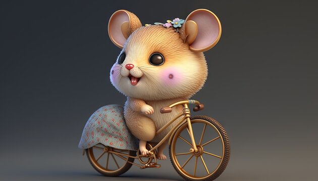  a cartoon mouse riding a bike with a flower in it's hair and a bow on its head, on a gray background with a gray background.  generative ai