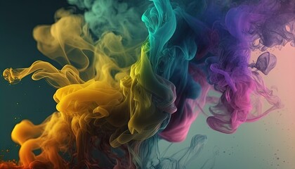 a group of colored smokes floating in the air on a blue background with a pink, yellow, green, and purple smoke trail.  generative ai - obrazy, fototapety, plakaty