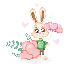 Cute cartoon bunny with hearts and balloons