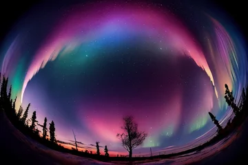 Gordijnen Pink aurora borealis, morthern lights over ice and snow landscape. © max