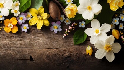  a bunch of flowers that are on a wooden surface with leaves and flowers around them on a wooden surface with a wooden surface with a few flowers on it.  generative ai