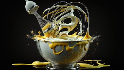  a bowl filled with liquid and a whisk of yellow liquid pouring out of the top of the bowl and a whisk of a whisk of yellow liquid coming out of the top of the bowl.  generative ai