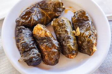 Traditional dolmades - filled grape leaves also called koupepia or dolma in Cyprus island country
