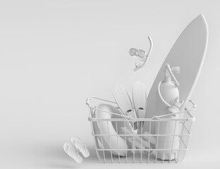 Colorful luggage with beach accessories and shopping basket on monochrome