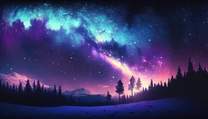 Rolgordijnen  a night sky with stars and a purple and blue sky with trees and a snow covered hill with snow on the ground and stars in the sky.  generative ai © Shanti