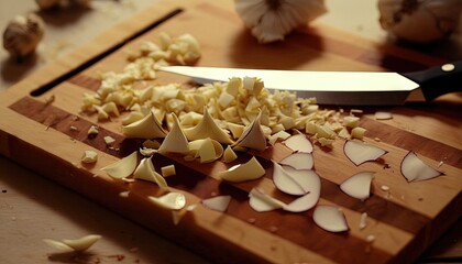 Fototapeta na wymiar a cutting board with chopped up food on it and a knife on the cutting board with chopped up food on it and a clove of garlic on the cutting board. generative ai