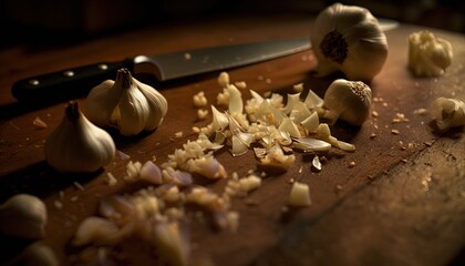  a cutting board with a knife and some garlic on it and some cloves on the cutting board next to the knife and garlic.  generative ai
