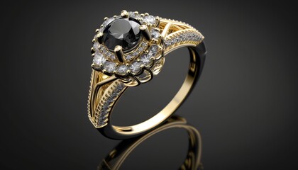  a ring with a black diamond and white diamonds on it, on a black background, with a reflection of the ring in the middle.  generative ai
