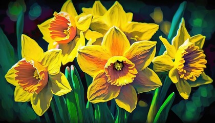  a painting of yellow daffodils with green stems in the foreground and a black background with white dots in the middle of the image.  generative ai