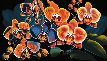  a painting of orange and blue orchids on a black background with green leaves and a black background with a black background and a black background.  generative ai