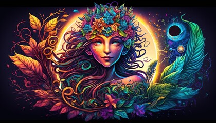  a woman with a flower crown on her head and a peacock in her hand, surrounded by leaves and feathers, in front of a full moon.  generative ai