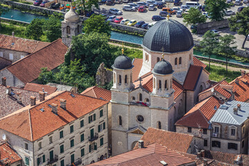 Obraz premium Aerial view with Church of Saint Nicholas, Old Town of Kotor town, Montenegro