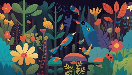 a painting of two birds in a garden of flowers and plants with a dark background and a black background with a yellow and blue bird.  generative ai