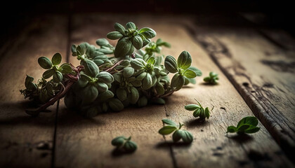  a bunch of green leaves laying on a wooden table next to some water droplets on the table and on the floor next to it is a bunch of green leaves.  generative ai