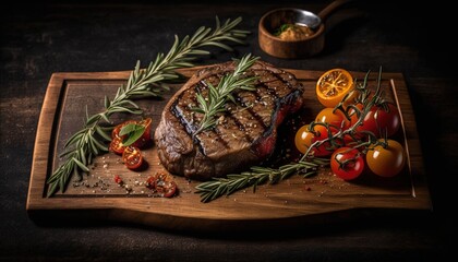  a piece of steak on a cutting board with tomatoes and rosemary on the side and a small bowl of tomatoes and oranges on the side.  generative ai
