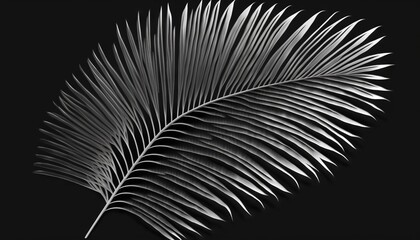  a black and white photo of a palm leaf with a black background that has a white outline of a large, long, slender, leaf.  generative ai