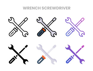 Wrench Screwdriver icons vector illustration set line, flat, glyph, outline color gradient. Great for web, app, presentation and more. Editable stroke and pixel perfect.