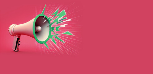 Megaphone  on magenta background . Banner.  Space for text on the right