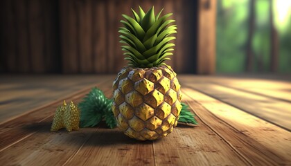  a pineapple sitting on top of a wooden table next to a pineapple plant on top of a wooden table next to a pineapple.  generative ai
