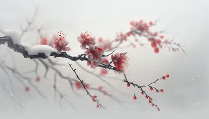  a branch of a tree with red flowers and snow on the branches and branches with snow on the branches and branches with red flowers and snow on the branches.  generative ai