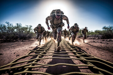Soldiers running through obstacle course. Generative AI