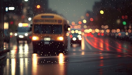  a bus driving down a rain soaked street at night with traffic lights in the background and rain falling on the windshield of the car and the street.  generative ai