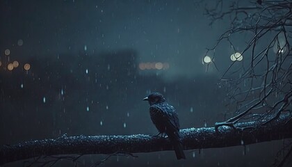 a bird sitting on a tree branch in the rain at night with street lights in the background and snow flakes on the branches of the branches.  generative ai