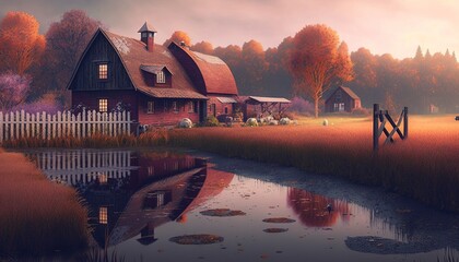  a painting of a farm with a pond and a barn in the background and a fence in the foreground, and trees in the background.  generative ai