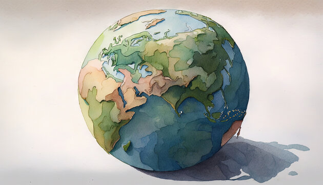  a watercolor painting of the earth on a white background with a shadow of a person standing in front of the earth on a white background.  generative ai