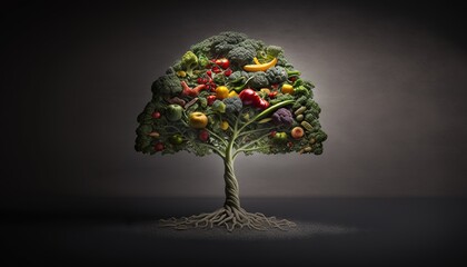  a tree with a lot of fruits and vegetables growing on it's roots in the shape of a human head on a dark background.  generative ai