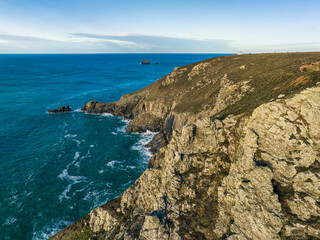 Fototapeta na wymiar St. Agnes Heritage Coast from a drone, Trevellas Cove, Saint Agnes, Cornwall, England, UK