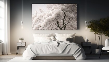  a bedroom with a large painting on the wall above the bed and a white bed spread on the bed and pillows on the bed, and a plant in the corner of the room.  generative ai