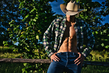 Portrait of sexy unrecognizable farmer or cowboy in hat
