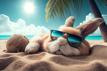Fluffy rabbit in sunglasses enjoys the sun on the beach. Easter holiday concept. Created with Generative AI.