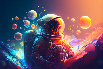 Obraz premium Colourful spray paint art space scene of an astronaut in deep coloured space clouds within an abstract setting, Generative AI