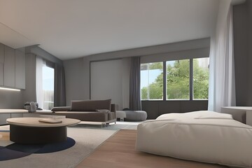 Naklejka na ściany i meble Apartment interior panorama 3d render, minimalist, pastel color tone