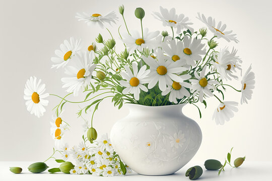 White daisies in white vase on white background. Easter, spring concept. AI generated image