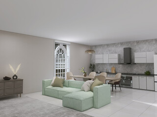 Kitchen interior design 3d render, 3d illustration