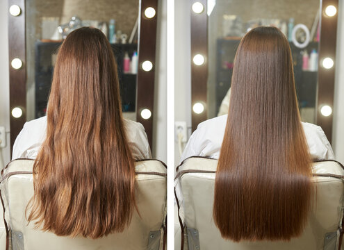 Demonstration and comparison of hair before and after treatment, straightening and styling