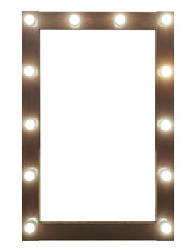 Wooden frame of makeup mirror with light bulbs, isolated on white background
