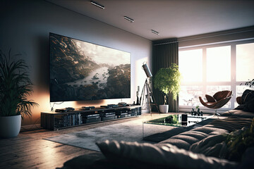Modern Living room with Big TV on the wall in the room. Illustration Generative AI