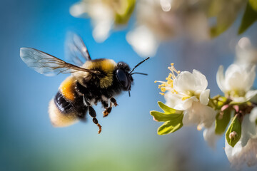 Flying bumblebee in spring on fruit tree blossom. Close up of bumble bee collecting pollen and nectar from blossom flowers. generative AI