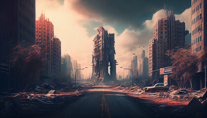 A postapocalyptic ruined city, destroyed buildings in a modern city after apocalypse, generative ai