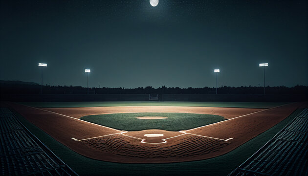 Fictional Dark and Quiet Baseball Diamond with Empty Stands at Night