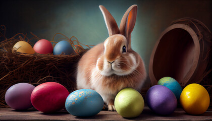 Fototapeta na wymiar Happy easter bunny with many colorful easter eggs, generative ai